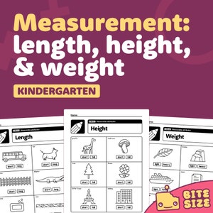 May include: Black and white printable worksheet for kindergarten students. The worksheet has three sections: length, height, and weight. Each section has four pairs of objects to compare. The objects are a school bus, a dog, a fence, a crocodile, a giraffe, a mushroom, a tree, a flower, the Eiffel Tower, a building, a leaf, a boulder, a boat, and a piece of paper.