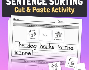 May include: Black and white printable worksheet for kids to practice sentence building. The worksheet has two sections. The first section shows a dog, a house, and the word "barks". The second section shows a cow, a barn, and the words "moos" and "on the farm".