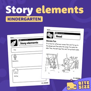 Może przedstawiać: Edukacyjny arkusz roboczy zatytułowany "Story elements" dla uczniów przedszkola. Arkusz zawiera sekcje na tytuł, postacie i ustawienia. Druga strona zawiera historię o przerwie z ilustracjami dzieci na huśtawce i zjeżdżalni.