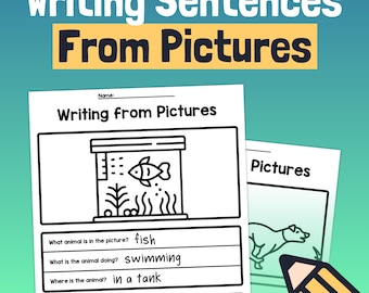 May include: A black and white illustration of a fish swimming in a tank. The text "What animal is in the picture? fish" is written above the illustration. The text "What is the animal doing? swimming" is written below the illustration. The text "Where is the animal? in a tank" is written below the second line of text. The text "Write a complete sentence with this information. The fish is swimming in a tank." is written below the third line of text.