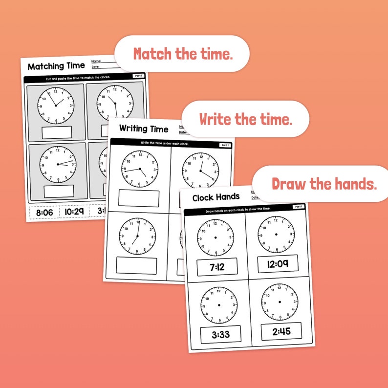 Telling Time to 1 Minute Worksheets 2nd, 3rd, 4th Grade Reading Analog