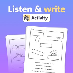 Puede incluir: Hojas de actividades blancas con el texto "Listen & write" y "Activity". Las hojas tienen espacios en blanco para escribir e incluyen ilustraciones de un corazón, un coche, una estrella, una mano y un mono. Se proporcionan instrucciones para escribir.