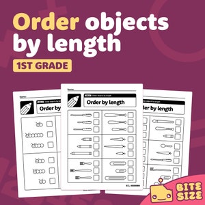 May include: A black and white worksheet for first grade students. The worksheet has the title "Order objects by length" and asks students to order various objects from shortest to longest. The objects include a pencil, a caterpillar, a screwdriver, a baseball bat, a crayon, a carrot, a fork, a paperclip, a paintbrush, a toothbrush, and a paperclip.