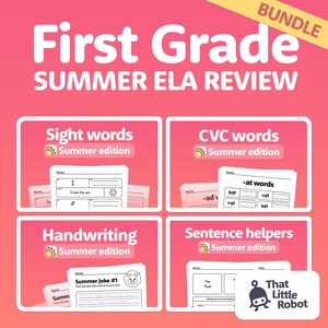 Könnte beinhalten: Eine rosa und weiße Grafik mit dem Text "First Grade Summer ELA Review" und vier Arbeitsblättern für Sehwörter, CVC-Wörter, Handschrift und Satzhilfen. Jedes Arbeitsblatt hat ein Sommerthema und enthält ein Sonnensymbol.