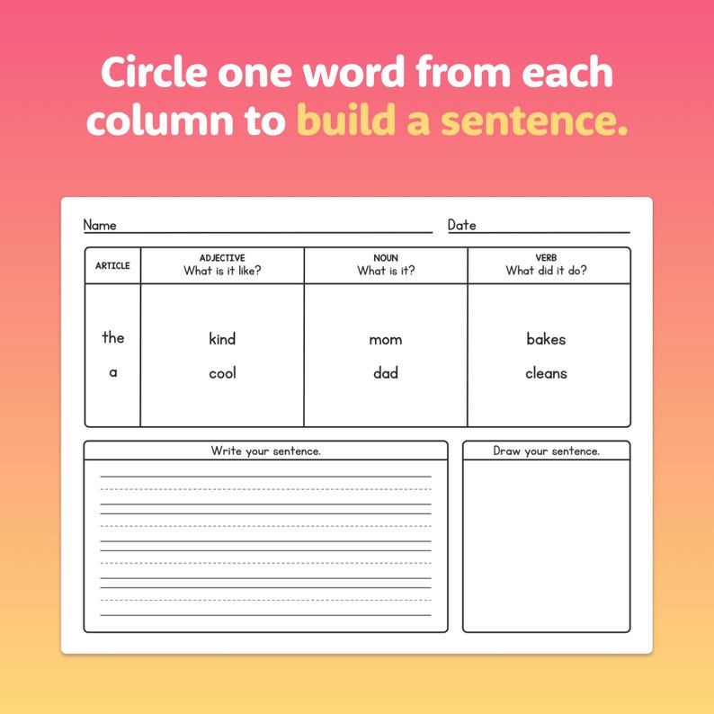 Column In A Sentence Sentence Writing Worksheets | Review Nouns, Verbs, Adjectives, and ...