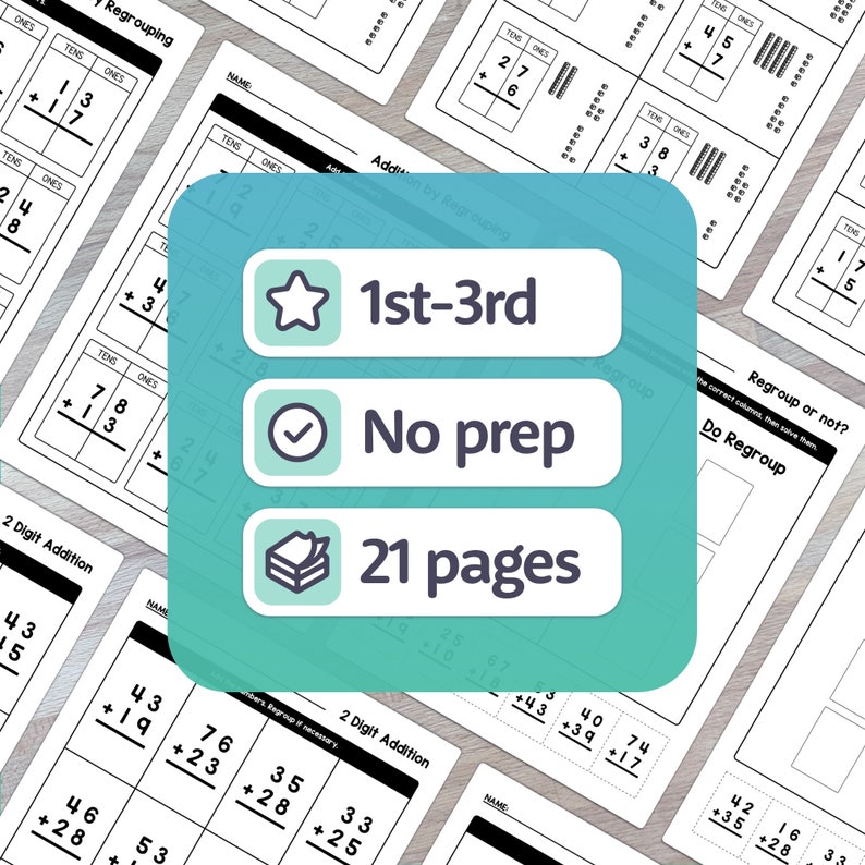 May include: A set of 21 printable worksheets for 1st-3rd grade math students. The worksheets focus on 2-digit addition with and without regrouping. The worksheets are no-prep and ready to use.