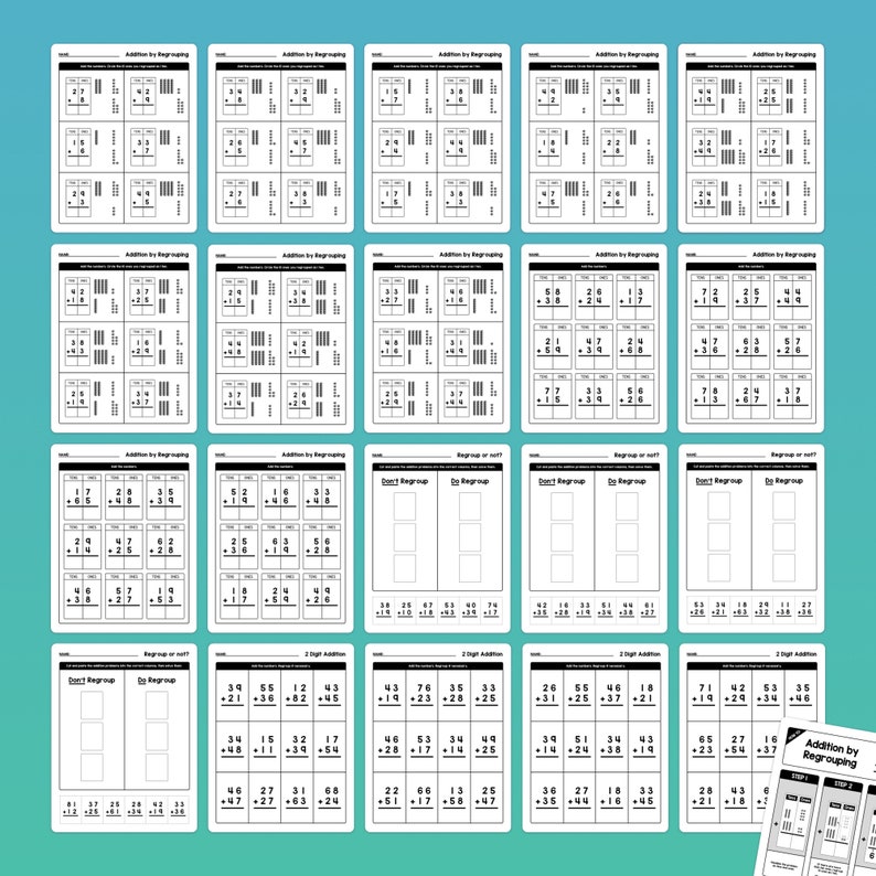 May include: A printable worksheet with 12 pages of addition problems for kids to practice regrouping. The worksheet includes two-digit addition problems with regrouping and without regrouping. The worksheet also includes a section for students to practice regrouping or not regrouping.