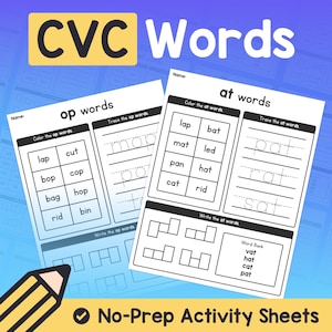 CVC Words Worksheets | No Prep CVC Word Family Activities – Kindergarten & 1st Grade Phonics and Handwriting  (Printable PDF)