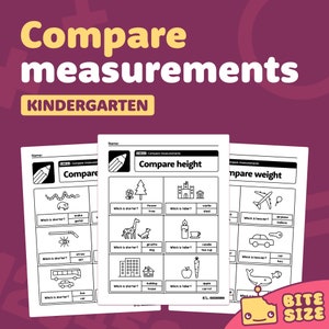 May include: Black and white worksheet for kindergarten students to compare the height and weight of different objects. The worksheet includes images of a flower, tree, castle, shed, snake, gerbil, giraffe, dog, candle, teacup, straw, ant, building, house, apple, carrot, airplane, balloon, car, key, whale, and fish.