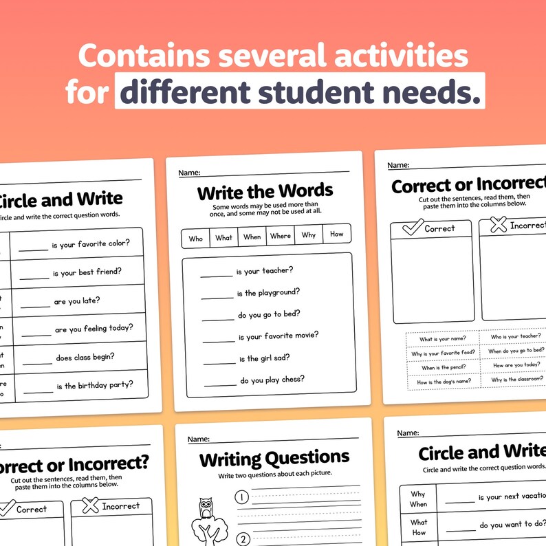 No Prep Question Words Worksheets | Kindergarten, 1st, & 2nd Grade ...