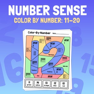 May include: A colour-by-number activity sheet featuring the number 12. The sheet is divided into sections, each with a different number of dots or tally marks representing numbers 10 through 14. The sections are labelled with the corresponding number words and colours. The words "Colour-By-Number" and "Name" are at the top of the sheet.