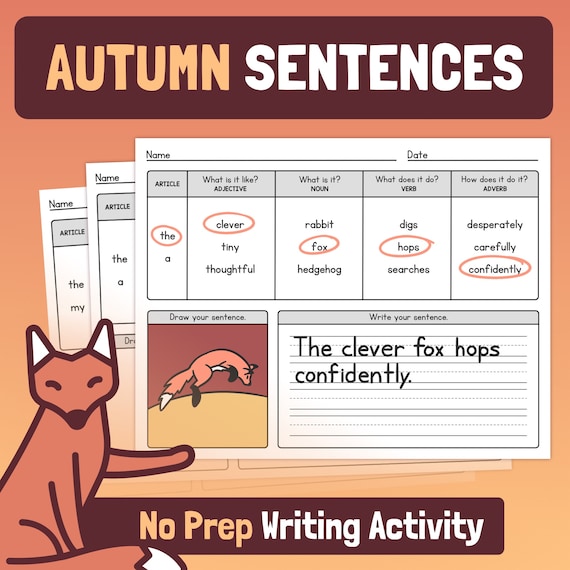 Writing Autumn Sentences | K, 1st, 2nd Grade Fall Writing Activities with Nouns, Verbs, Adjectives, & Adverbs (Printable PDF)