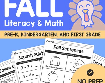 Fall Literacy & Math Worksheets | Kindergarten and 1st Grade Autumn Activities / Common Core Math and English (Printable PDF)