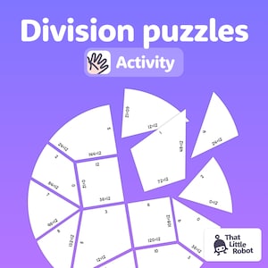 Op de afbeelding: Een paarse achtergrond met een witte cirkel die is verdeeld in 12 secties. Elke sectie heeft een nummer en een wiskundige vergelijking. De titel van de afbeelding is "Division puzzles Activity".
