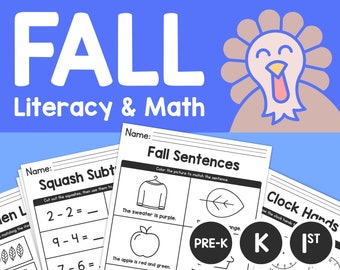 Fall Literacy & Math Worksheets – Pre K, Kinder, 1st Grade / Common Core Math and English Pack (Printable PDF Download)