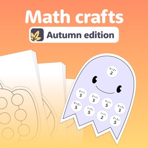 May include: A printable craft activity for kids featuring a ghost and a pumpkin. The craft includes math problems for children to solve. The ghost is purple and has a friendly face. The pumpkin is orange and has a stem. The text on the image reads "Math crafts Autumn edition".