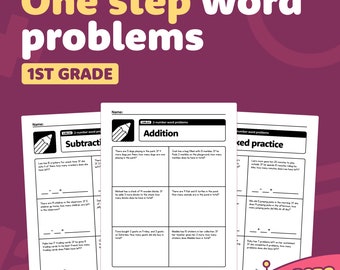 May include: Black and white printable worksheet with the title "One step word problems 1st grade". The worksheet is divided into three sections: subtraction, addition, and mixed practice. Each section has several word problems for students to solve.