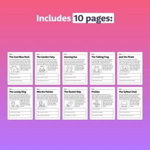 May include: A set of 10 printable black and white activity pages for kids featuring stories about a cool blue rock, a garden fairy, a dancing zee, a talking frog, a pirate, a lonely king, a painter, a rocket ship, a prickly cactus, and a soft chair. Each page includes a short story and space for kids to write and draw.