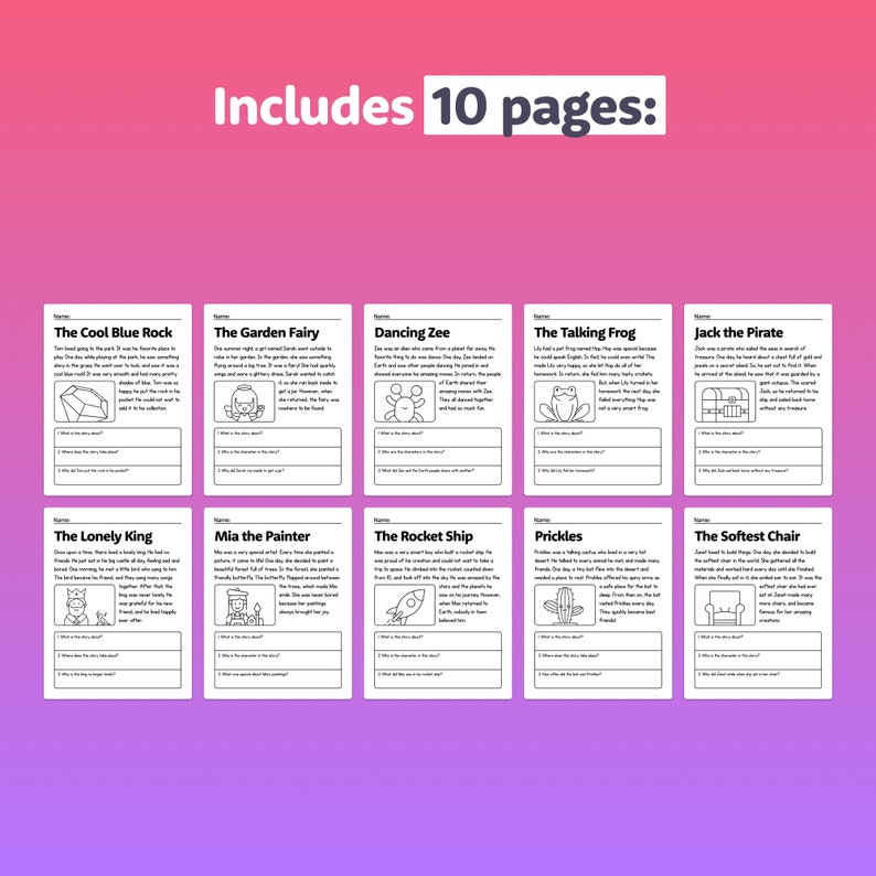 May include: A set of 10 printable black and white activity pages for kids featuring stories about a cool blue rock, a garden fairy, a dancing zee, a talking frog, a pirate, a lonely king, a painter, a rocket ship, a prickly cactus, and a soft chair. Each page includes a short story and space for kids to write and draw.