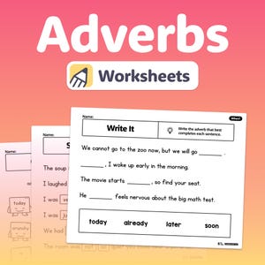 Könnte beinhalten: Lehrblatt mit dem Titel "Adverbien" mit dem Wort "Arbeitsblätter" darunter. Das Arbeitsblatt enthält Lückensätze zur Übung von Adverbien. Der Hintergrund ist ein Farbverlauf aus Rosa und Orange.