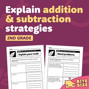 Puede incluir: Hoja de trabajo imprimible en blanco y negro para estudiantes de segundo grado para practicar la explicación de estrategias de suma y resta. La hoja de trabajo incluye una sección titulada "Explica tus matemáticas" con tres problemas matemáticos y una sección titulada "Problemas de palabras" con dos problemas de palabras.