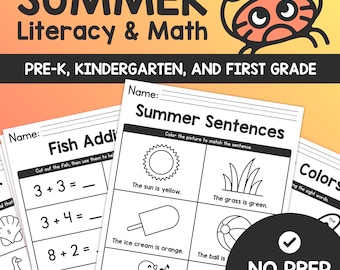Schede didattiche estive di alfabetizzazione e matematica / Pre-K, Kindergarten, Prima elementare. Pacchetto di matematica e inglese Common Core (PDF stampabile)