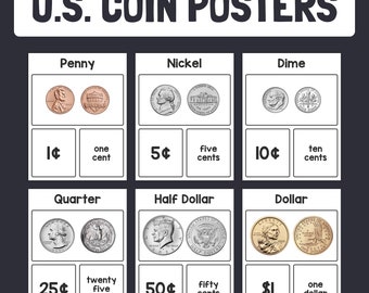 US Coin Posters | K, 1st, 2nd Grade United States Coins, American Coins Bulletin Board Decor, Money Math Posters (Printable PDF)