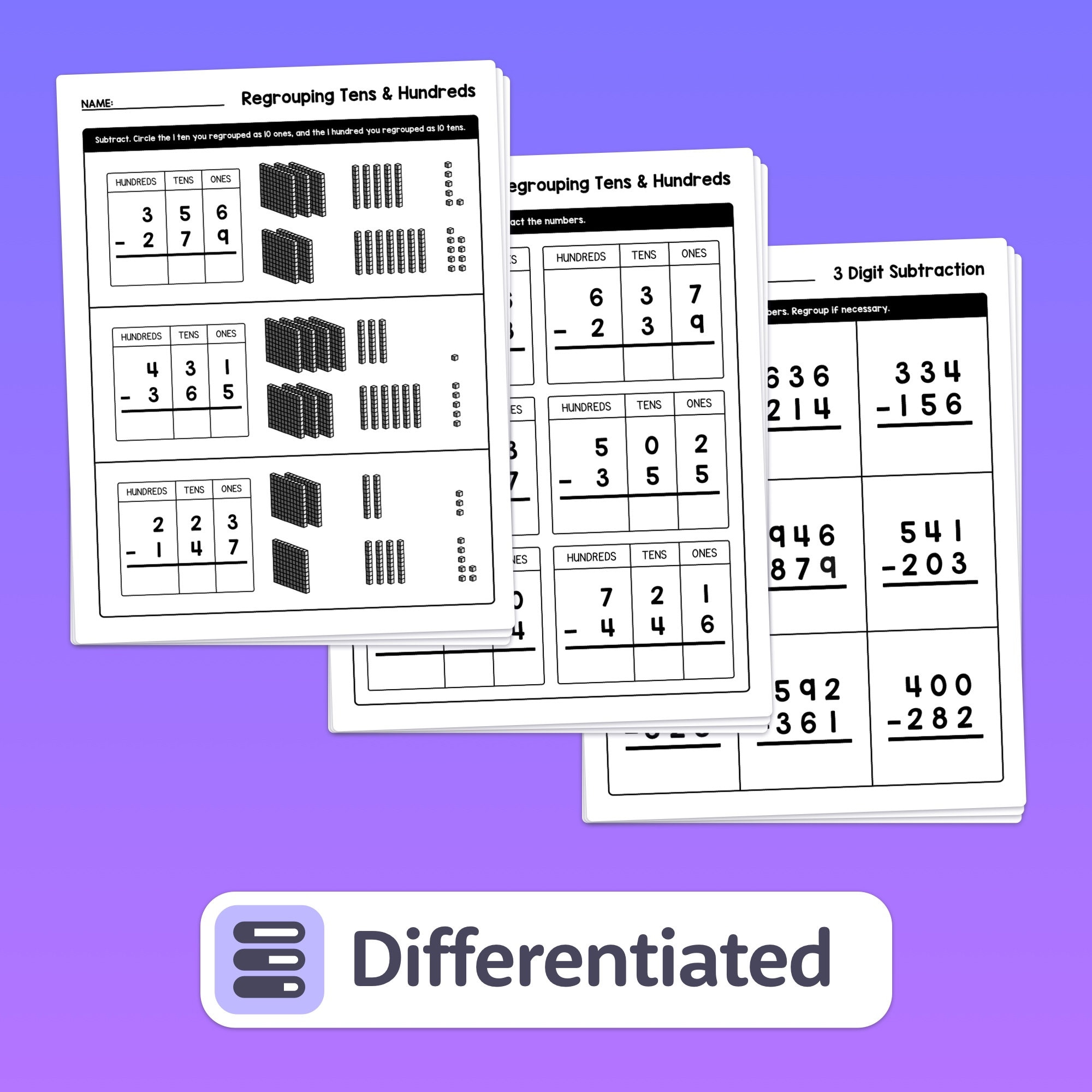 No Prep 3 Digit Subtraction With Regrouping Worksheets | 2nd, 4th, 3rd ...