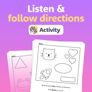Puede incluir: Hojas de actividades educativas con un fondo morado y rosa. Las hojas presentan dibujos lineales de un gato, corazones, un cohete y otras formas. El texto incluye "Escucha y sigue las instrucciones" y "Actividad".