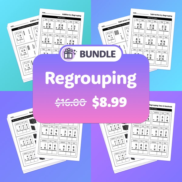 No Prep Addition with Regrouping & Subtraction with Regrouping Bundle | 1st, 2nd, 3rd Grade Regrouping Worksheets (Printable PDF)