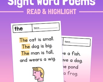 20 Sight Word-gedichten | Pre-K, K, 1e leerjaar werkbladen gedeeld lezen, beginnende lezersactiviteit, ELA Common Core Literacy (afdrukbare pdf)