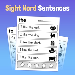 Può includere: Foglio di lavoro in bianco e nero con le parole "Sight Word Sentences" in alto. Il foglio di lavoro contiene cinque frasi che usano la parola di vista "the". Ogni frase ha un'immagine accanto. Le immagini sono un gatto, un cane, una camicia, un cappello e un'auto. Ci sono cinque stelle in fondo al foglio di lavoro.