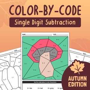 Herbst Einstellige Substriktion Arbeitsblätter | Kindergarten & 1st Class Herbst Subtrahierungsaktivität, Farbe nach Code (druckbare PDF)