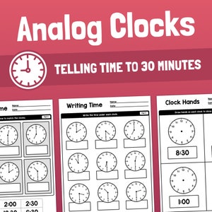 May include: Black and white printable worksheet with analog clocks for telling time to the half hour. The worksheet includes three sections: "Time to match the clocks", "Writing Time", and "Clock Hands".