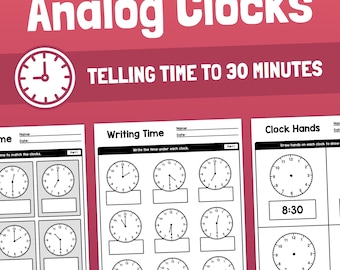 May include: Black and white printable worksheet with analog clocks for telling time to the half hour. The worksheet includes three sections: "Time to match the clocks", "Writing Time", and "Clock Hands".