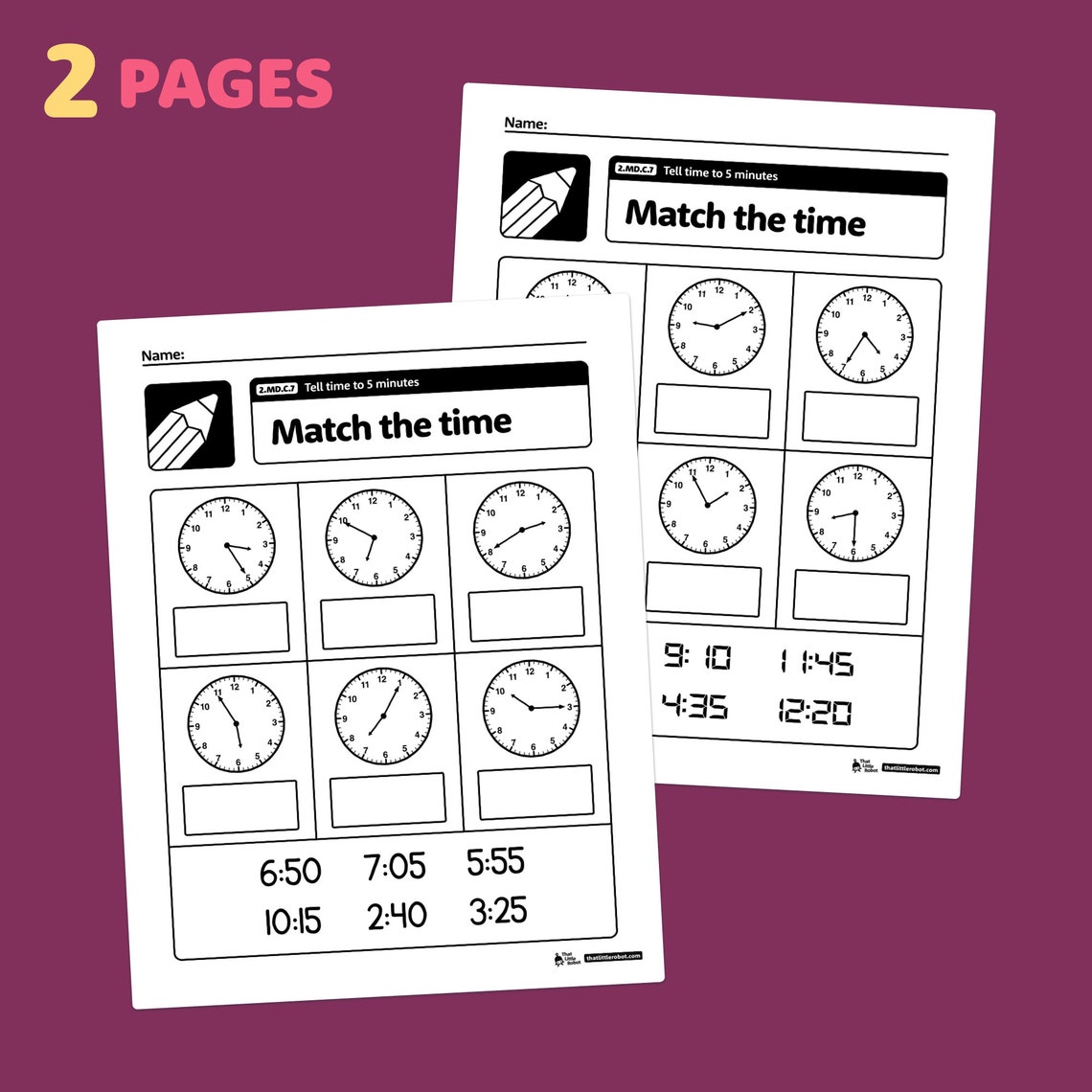 Tell Time to 5 Minutes Worksheets | 2nd Grade Math Centers and Digital ...