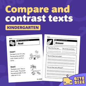 Puede incluir: Dos hojas de trabajo para estudiantes de jardín de infancia con el texto "Compare and contrast texts" en amarillo y blanco. Una hoja de trabajo está etiquetada como "Read" y la otra como "Answer". La hoja de trabajo "Read" tiene una comparación del desierto y la playa. La hoja de trabajo "Answer" tiene secciones para completar.