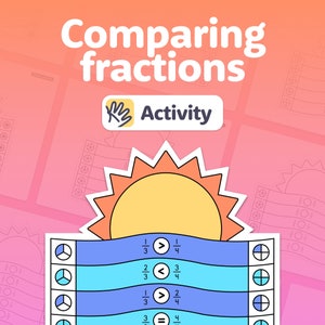 Puede incluir: Una hoja de trabajo colorida con un gráfico de sol y un fondo azul y azul claro. La hoja de trabajo es para comparar fracciones. Las fracciones son 1/3, 2/3, 1/4, 2/4 y 3/4. La hoja de trabajo incluye símbolos de mayor que, menor que e igual que.