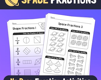 Beginner Fractions Worksheets | 2nd & 3rd Grade Fraction Activities, Outer Space Math, Common Core Fractions (Printable PDF)