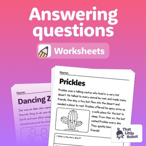 May include: Two black and white printable worksheets for children. The first worksheet features a cartoon alien with the title "Dancing Z". The second worksheet features a cartoon cactus with the title "Prickles". Both worksheets have questions for children to answer.