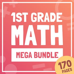 May include: A pink and orange gradient background with white geometric shapes. The text "1st Grade Math Mega Bundle" is in white. A yellow circle with the text "170 Pages" is in the bottom right corner.