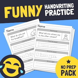Planilhas engraçadas de caligrafia - Kinder, 1ª, 2ª, 3ª série / Prática de escrita de frases simples (download de PDF para impressão)