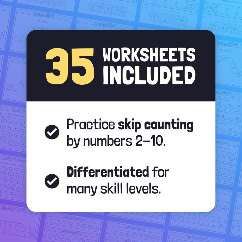 May include: A black and yellow graphic with the text "35 WORKSHEETS INCLUDED" and a checklist of features. The checklist includes "Practice skip counting by numbers 2-10" and "Differentiated for many skill levels".