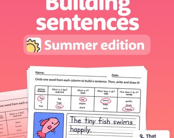 Summer Sentence Building Worksheets | 1st & 2nd Grade Summer Writing Sentences Worksheets, Nouns, Verbs, Adjectives, Adverbs (Printable PDF)