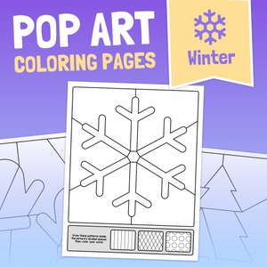 May include: A pop art coloring page with a snowflake design, labelled "Winter". The page has instructions to colour patterns within the snowflake's sections. The background is a gradient of purple and blue. The text reads "POP ART COLORING PAGES".
