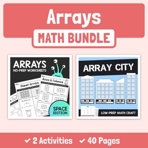 Könnte beinhalten: Ein farbenfroher digitaler Download zum Unterrichten von Arrays in Mathematik. Das Bundle enthält zwei Aktivitäten: "Arrays No-Prep Worksheets" und "Array City Low-Prep Math Craft". Die Arbeitsblätter haben ein Weltraumthema mit einem grünen Außerirdischen und Planeten. Die Bastelarbeit zeigt eine Skyline mit Gebäuden aus Quadraten.