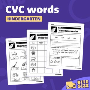 May include: Black and white printable worksheet for kindergarten students to practice CVC words. The worksheet includes a section for writing the beginning sound of a word, a section for writing CVC words, and a section for reading a short story about a cat.