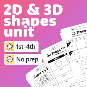 May include: A set of printable worksheets for teaching 2D and 3D shapes to students in grades 1st through 4th. The worksheets are no-prep and include activities such as coloring by shape, sorting shapes by size, and identifying the properties of 3D shapes.