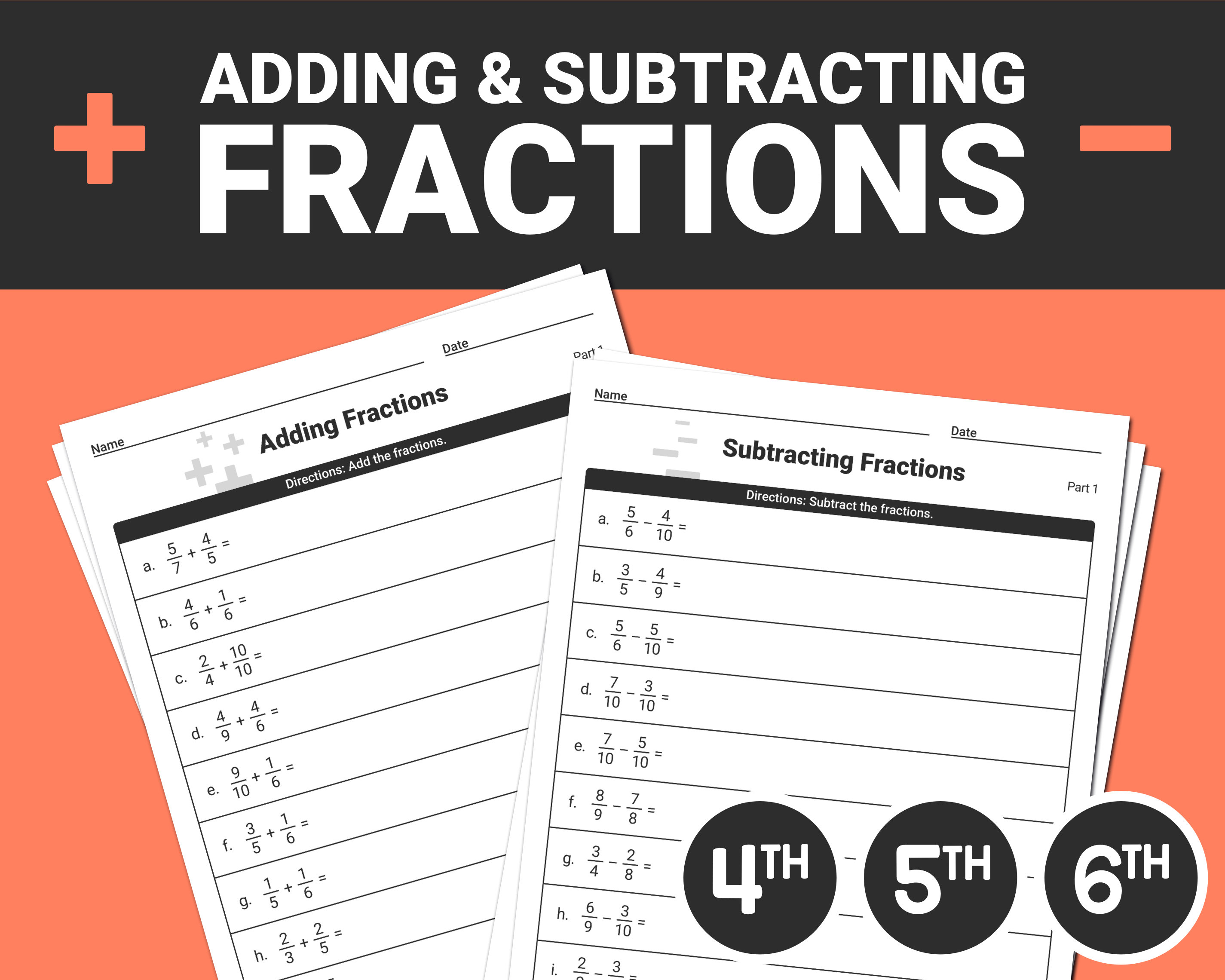 adding subtracting fractions worksheets 4th 5th 6th etsy