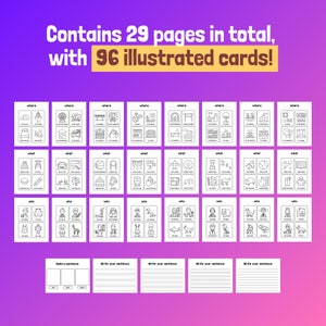 May include: Black and white printable worksheet set for kids to practice building sentences. The set includes 29 pages with 96 illustrated cards and sentence building activities. The cards feature simple line drawings of common objects and characters. The text on the cards includes the words "where", "what", and "who".
